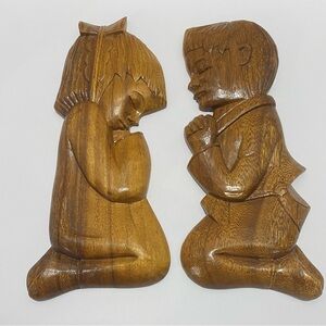 VTG Pair Wood Carved Praying Boy & Girl Plaques Children Wall Hanging Kneeling